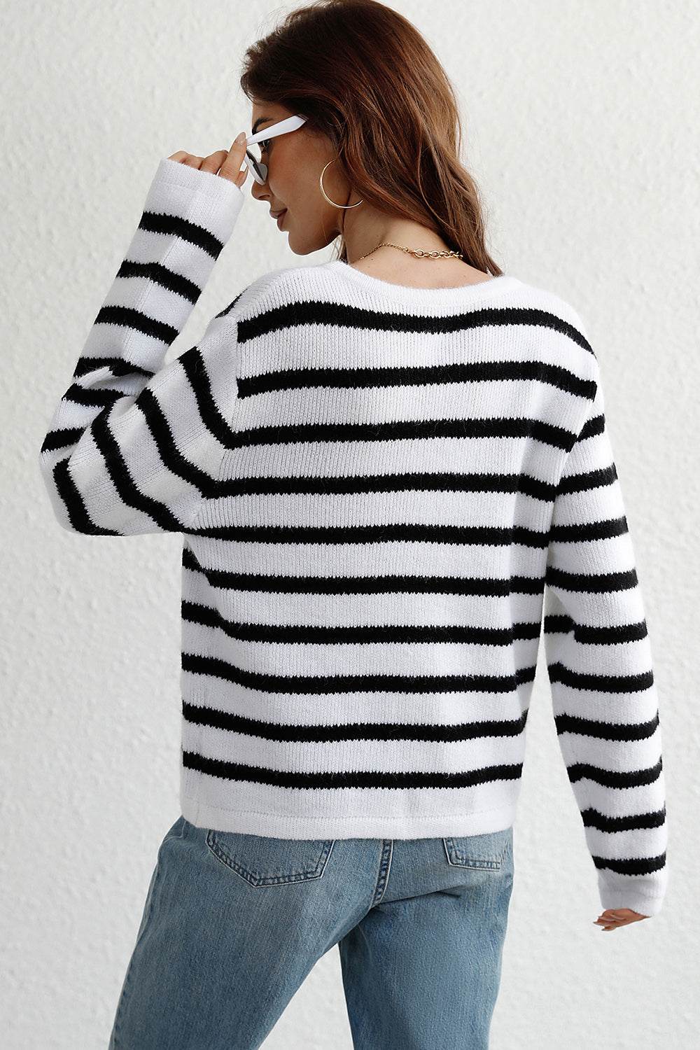 Striped Button Down Long Sleeve Cardigan - Delanoir