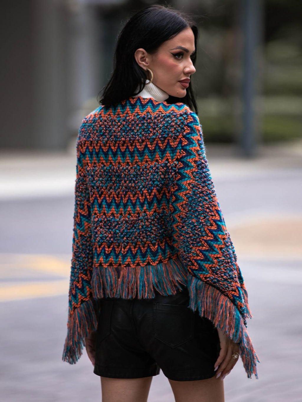 Shiny Fringe Hem Boat Neck Poncho - Delanoir
