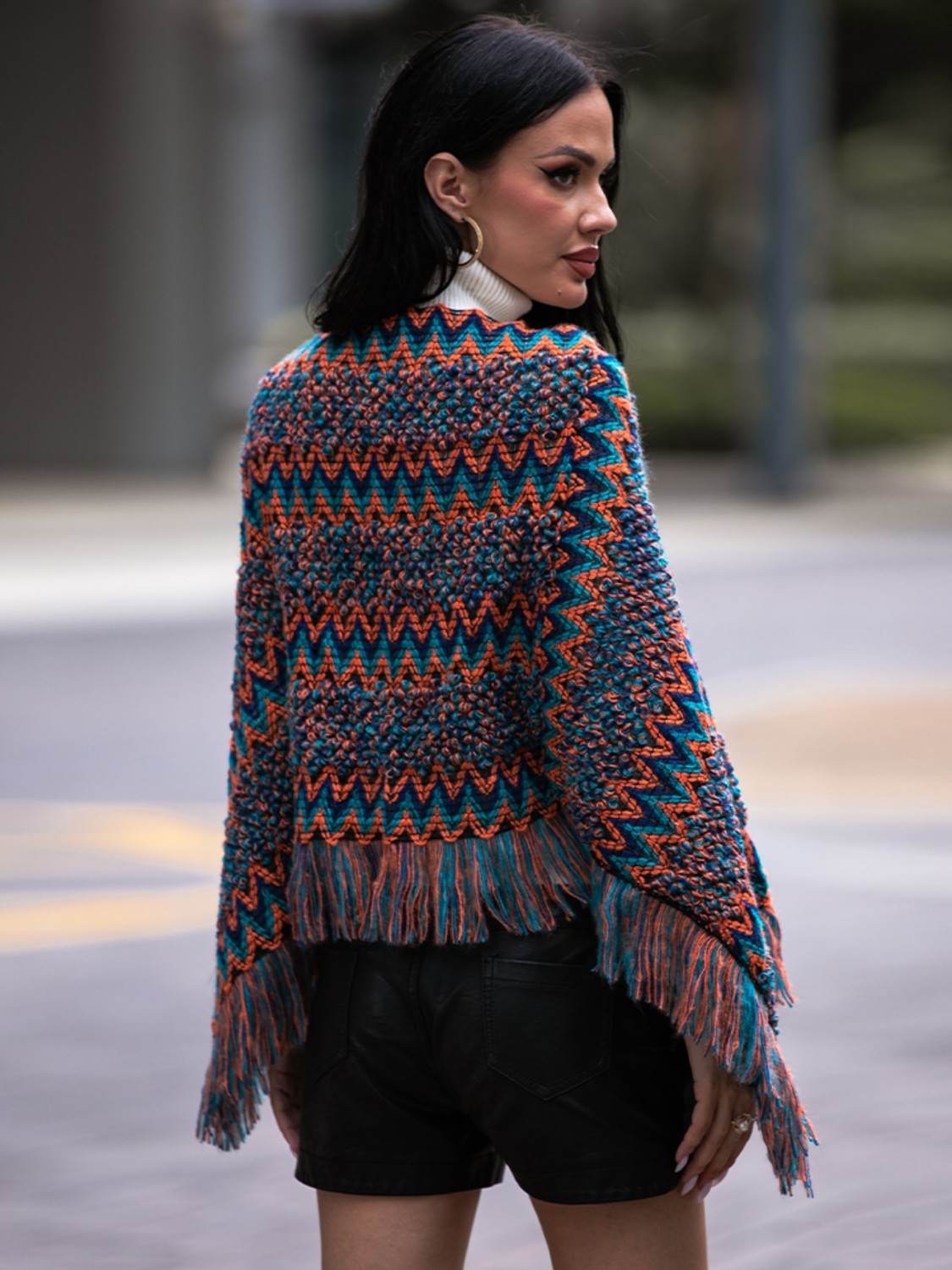 Shiny Fringe Hem Boat Neck Poncho - Delanoir