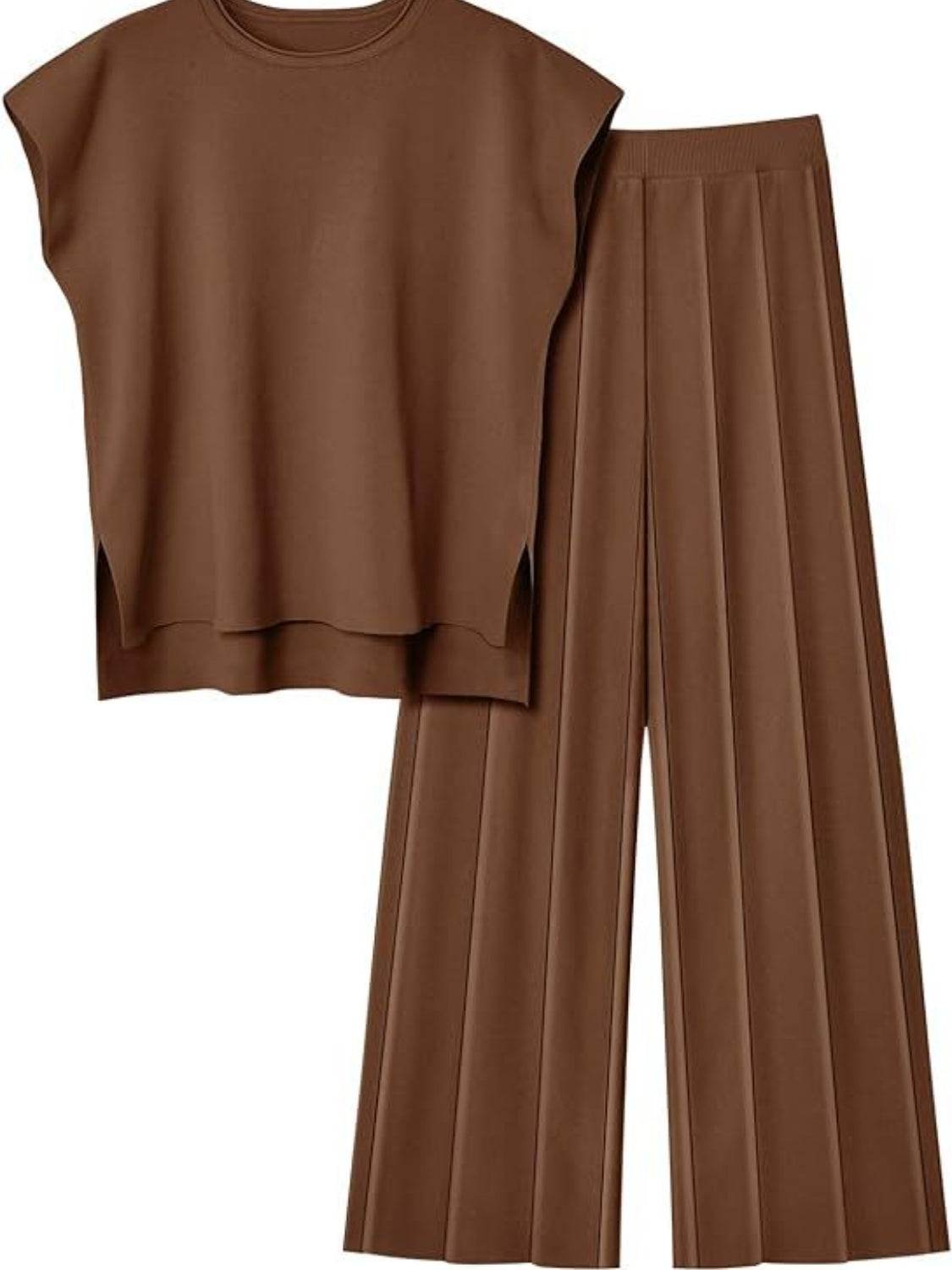 Round Neck Cap Sleeve Top and Pants Knit Set - Delanoir