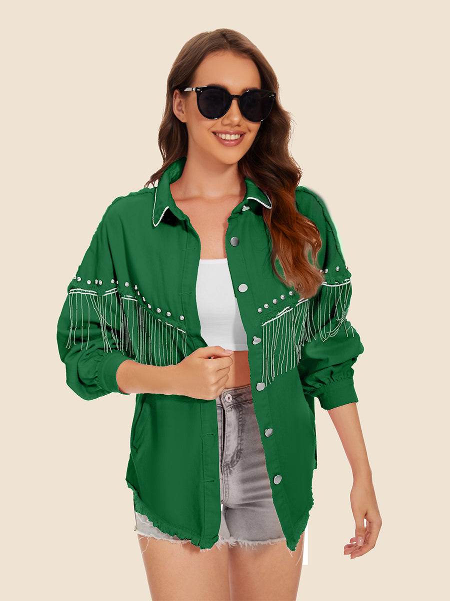 Raw Hem Fringe Detail Denim Jacket - Delanoir