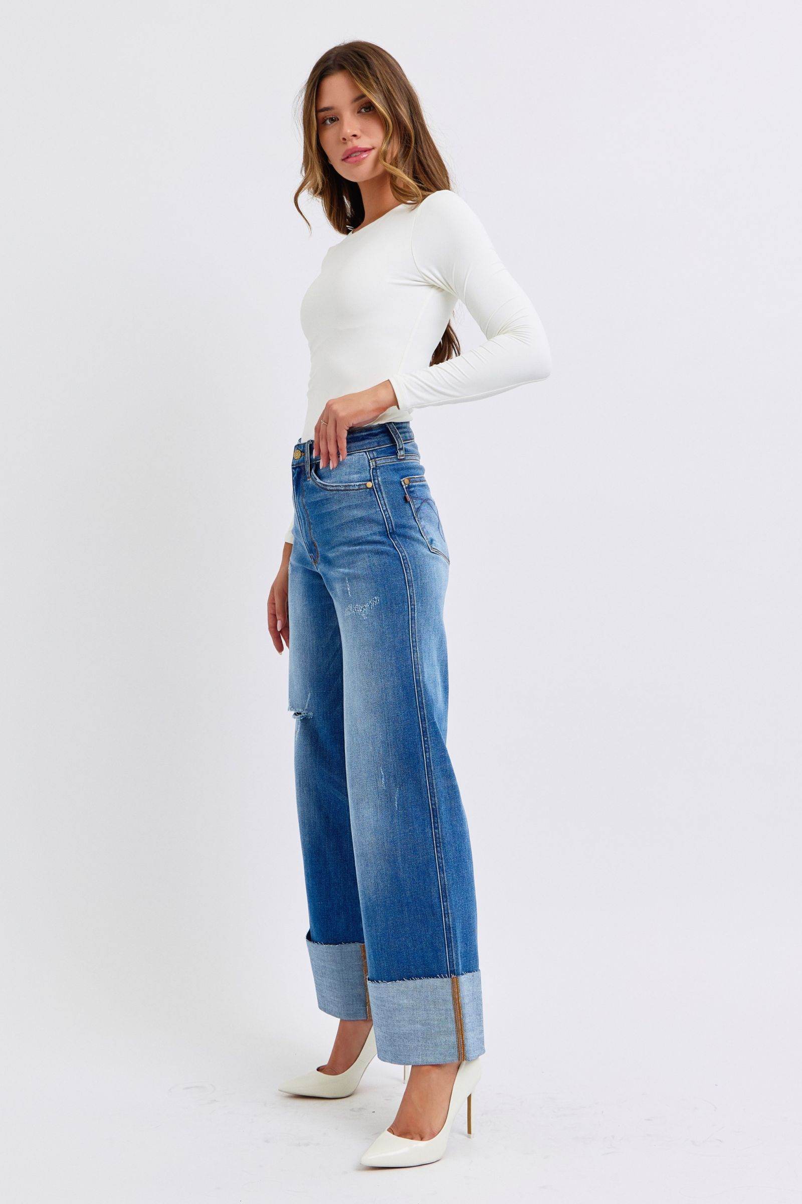 Judy Blue Full Size Distressed High Waist Wide Leg Jeans - Delanoir