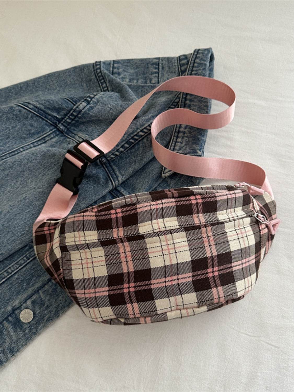 Plaid Adjustable Strap Crossbody Bag - Delanoir