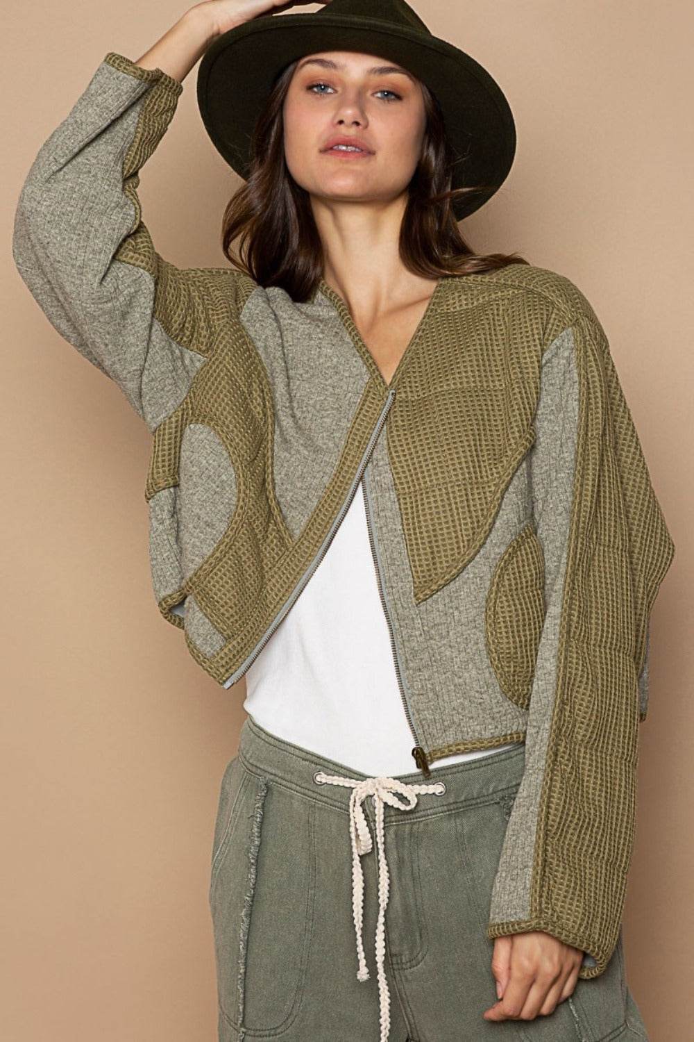 POL Quilted Knit Viding Detail Knit Patch Jacket - Delanoir