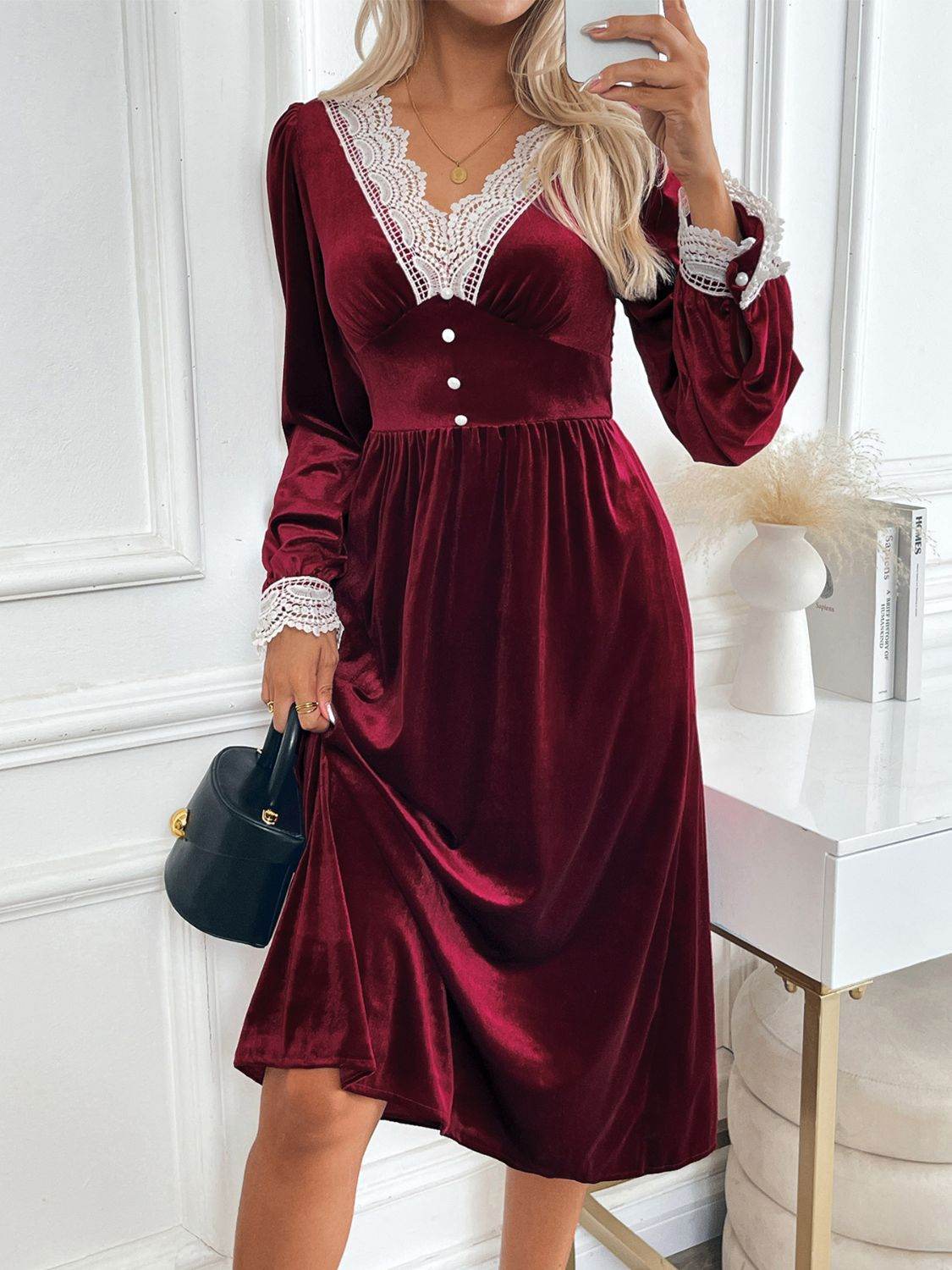 Perfee Lace Detail V-Neck Long Sleeve Midi Dress - Delanoir