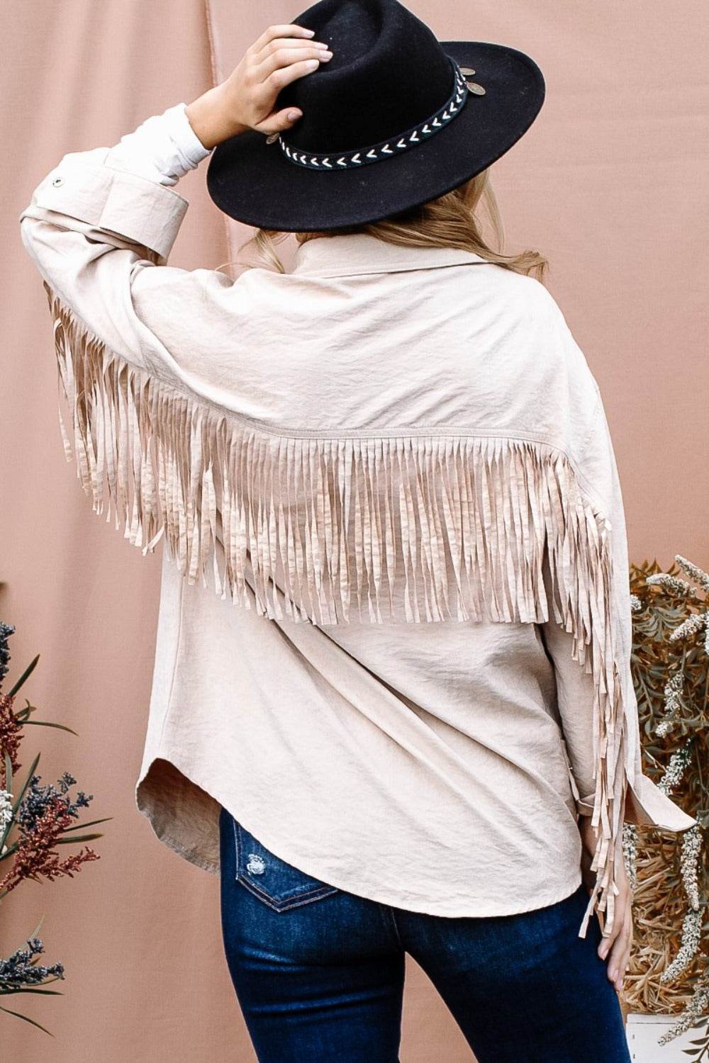 And The Why Full Size Fringe Back Detailed Button Down Shacket - Delanoir