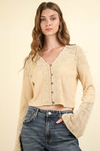 VERY J V-Neck Lace Detail Button Down Crop Ribbed Knit Top - Delanoir