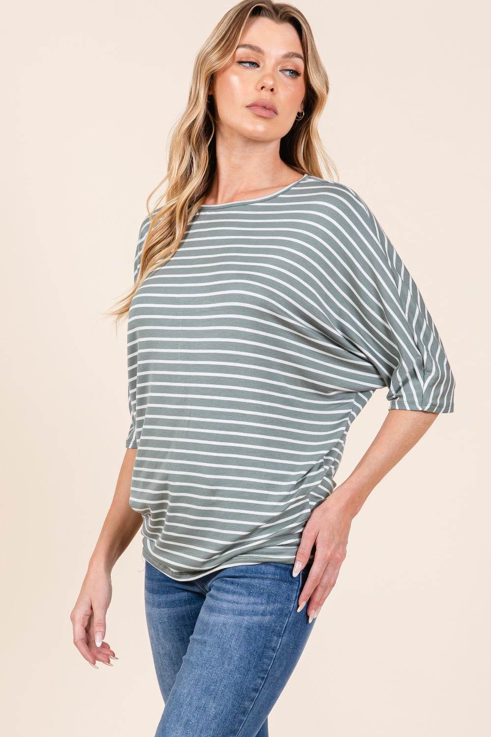BOMBOM Striped Boat Neck Dolman Sleeve Top - Delanoir