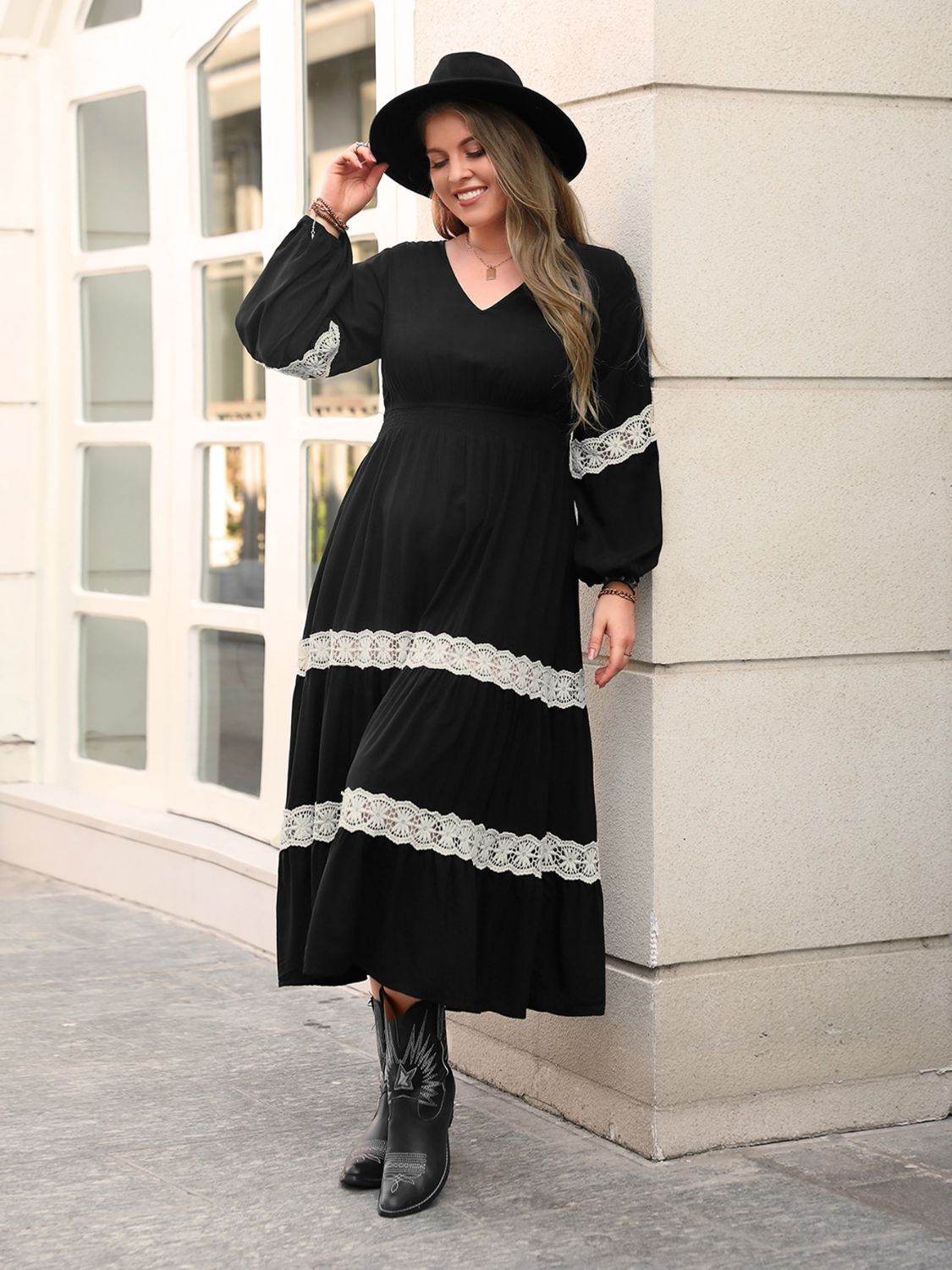 Plus Size Lace Detail V-Neck Long Sleeve Midi Dress - Delanoir