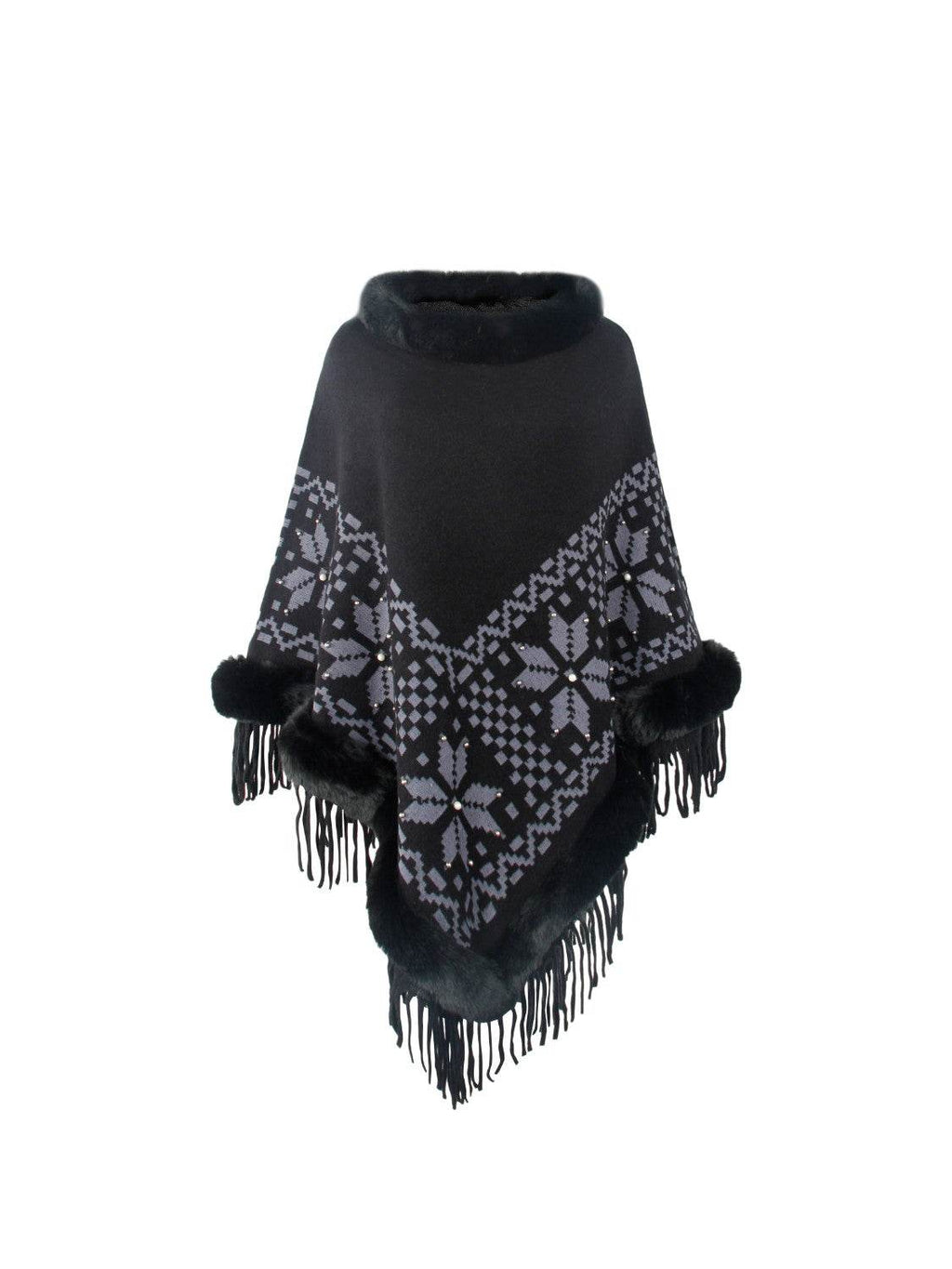 Fringe Geometric Cape Sleeve Poncho - Delanoir