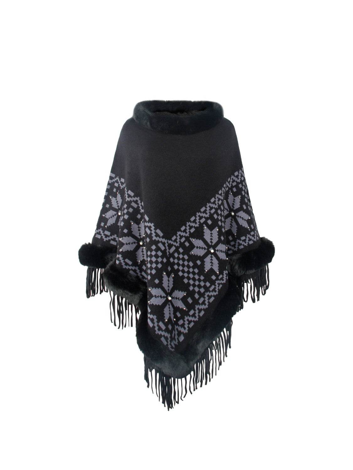 Fringe Geometric Cape Sleeve Poncho - Delanoir