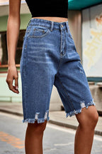 Raw Hem High Waist Denim Shorts with Pockets - Delanoir