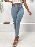 Decorative Buckle Skinny Jeans with Pockets - Delanoir