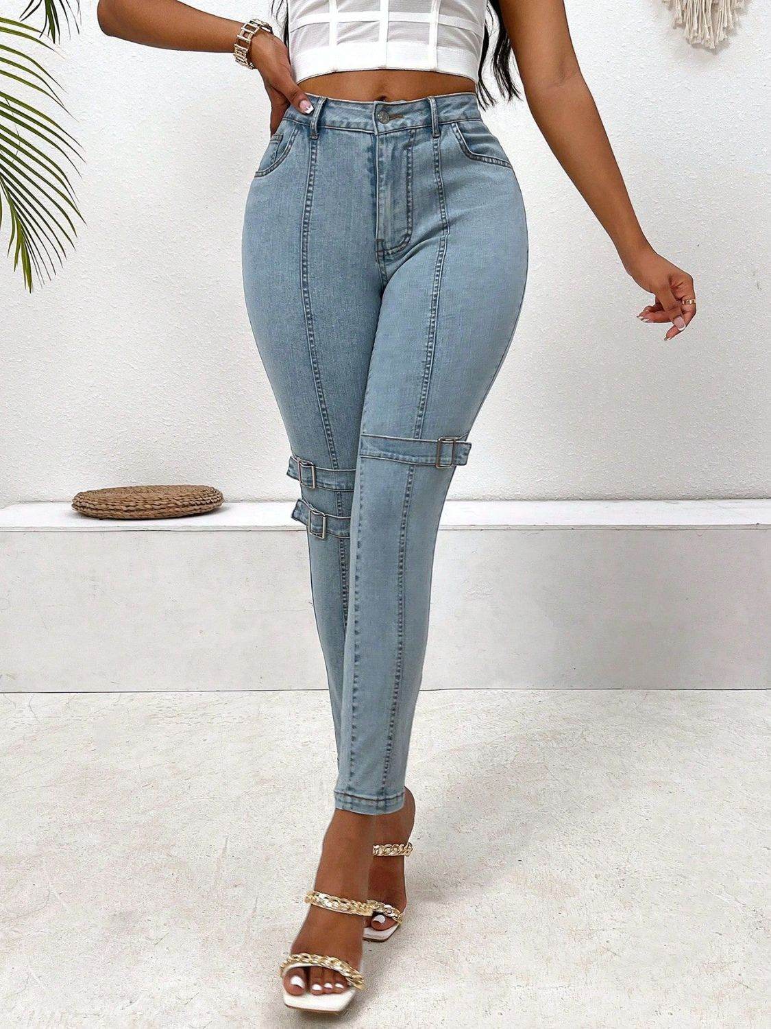 Decorative Buckle Skinny Jeans with Pockets - Delanoir
