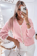 Contrast Trim V-Neck Long Sleeve Cardigan - Delanoir