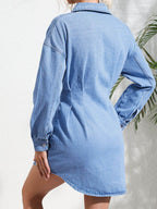 Distressed Button Up Long Sleeve Denim Dress - Delanoir