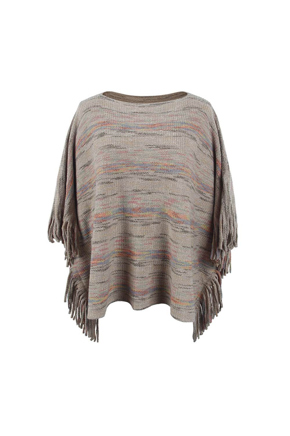 Round Neck Fringe Detail Sleeve Poncho - Delanoir