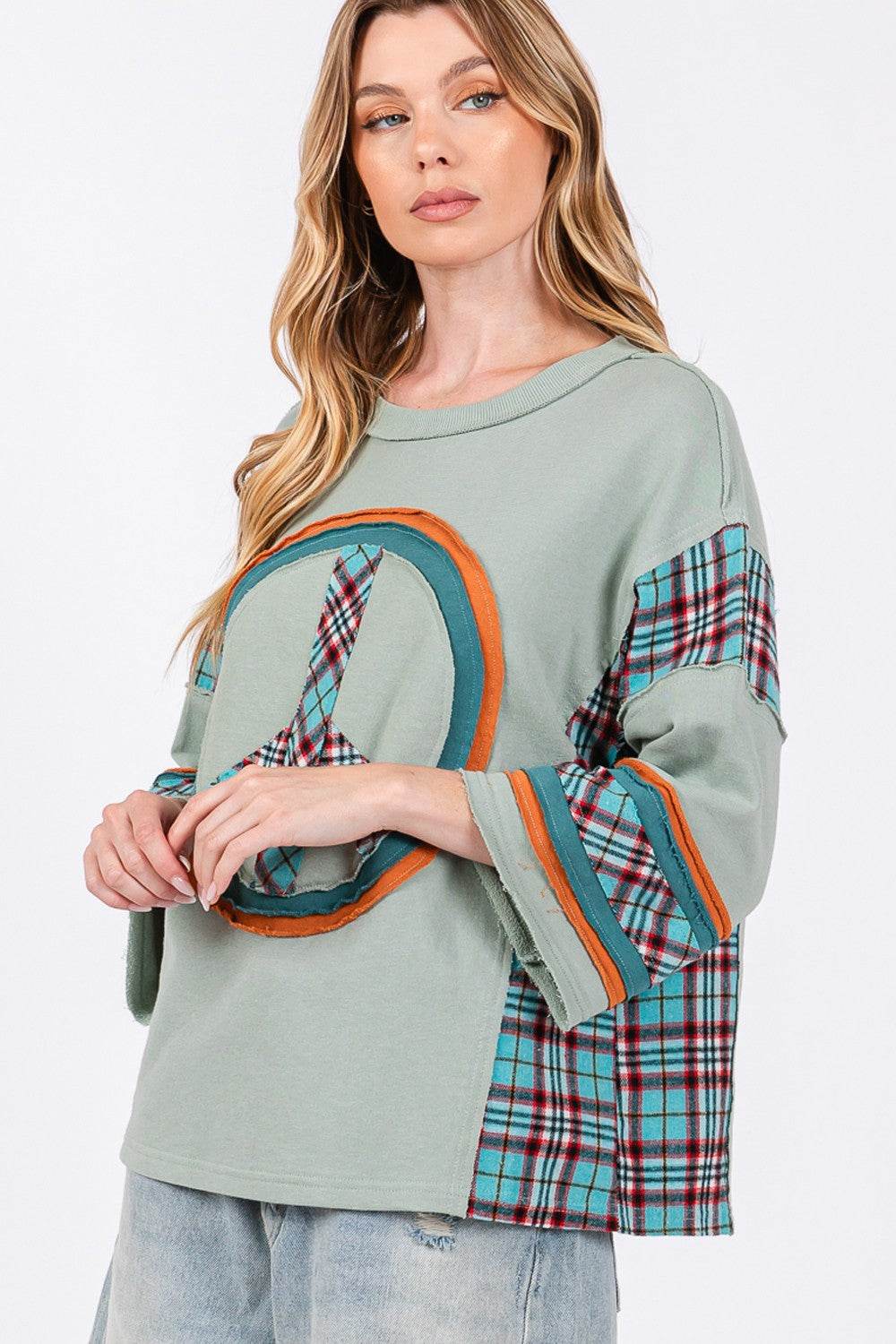 SAGE + FIG Peace Applique Patch Contrast Plaid Top - Delanoir