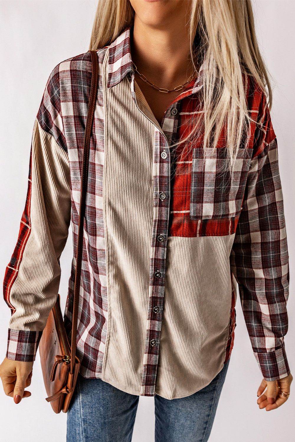 Plaid Patchwork Collared Neck Shacket - Delanoir
