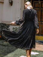 Embroidered Polka Dot Tie Neck Long Sleeve Midi Dress - Delanoir