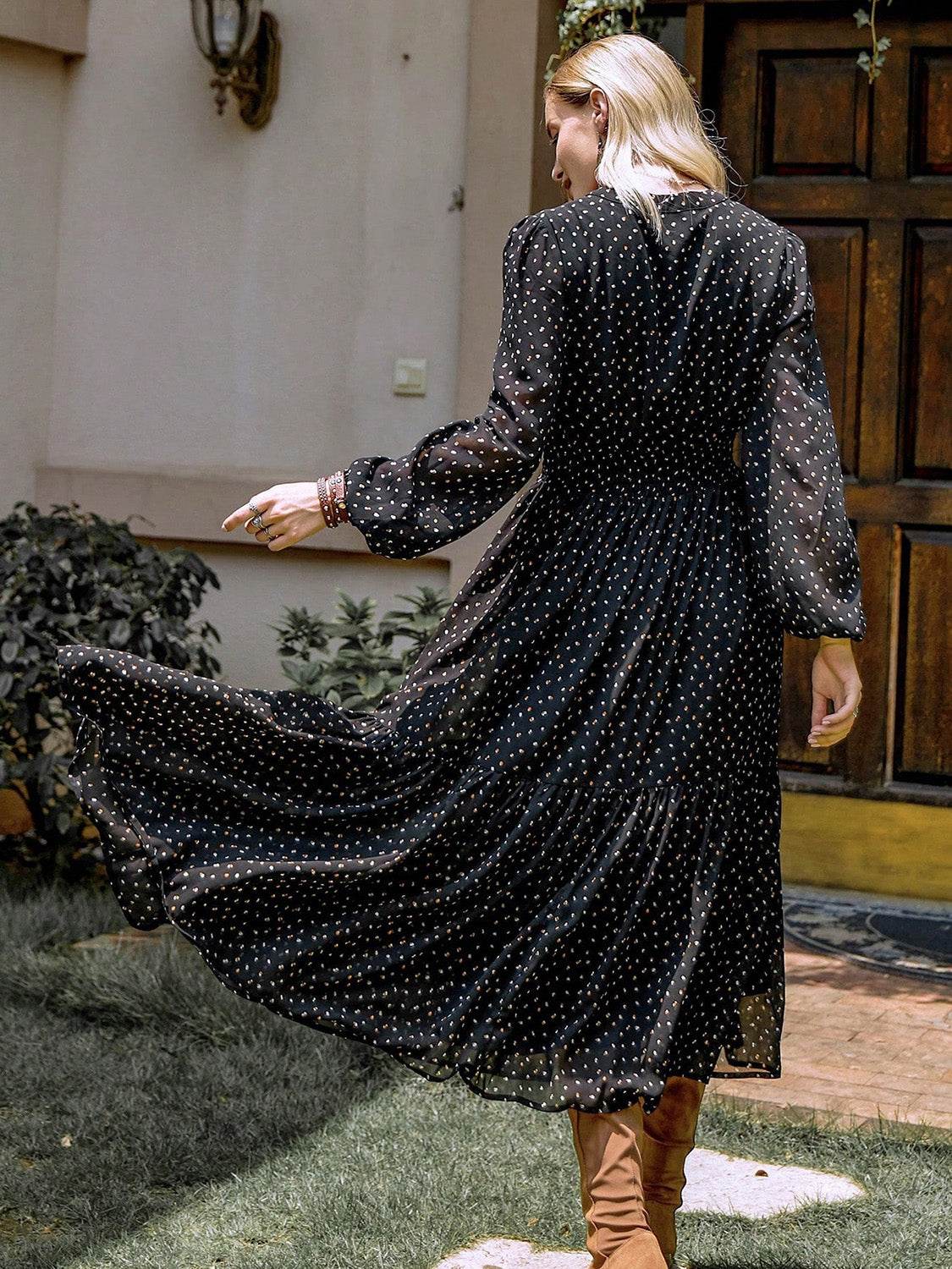 Embroidered Polka Dot Tie Neck Long Sleeve Midi Dress - Delanoir