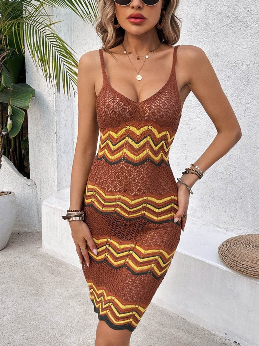 Openwork Scoop Neck Sweater Dress - Delanoir