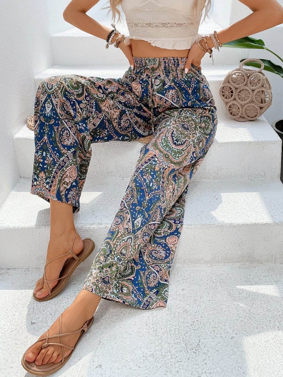 Printed Wide Leg Pants - Delanoir