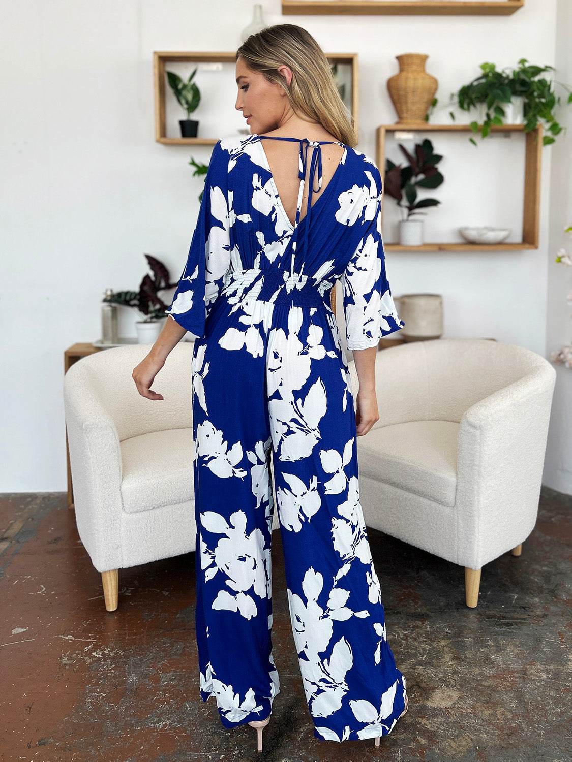 Double Take Full Size Printed Tie Back Wide Leg Jumpsuit - Delanoir