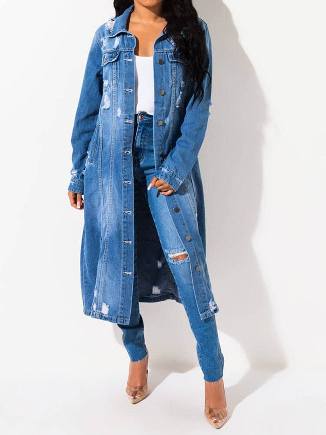 Long Sleeve Raw Hem Denim Jacket - Delanoir