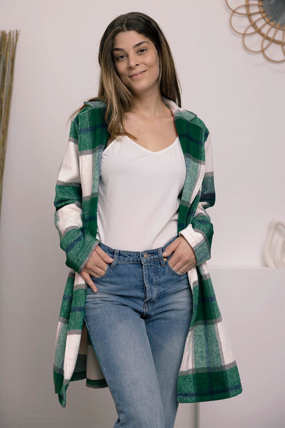 Double Take Full Size Plaid Button Up Lapel Collar Coat - Delanoir