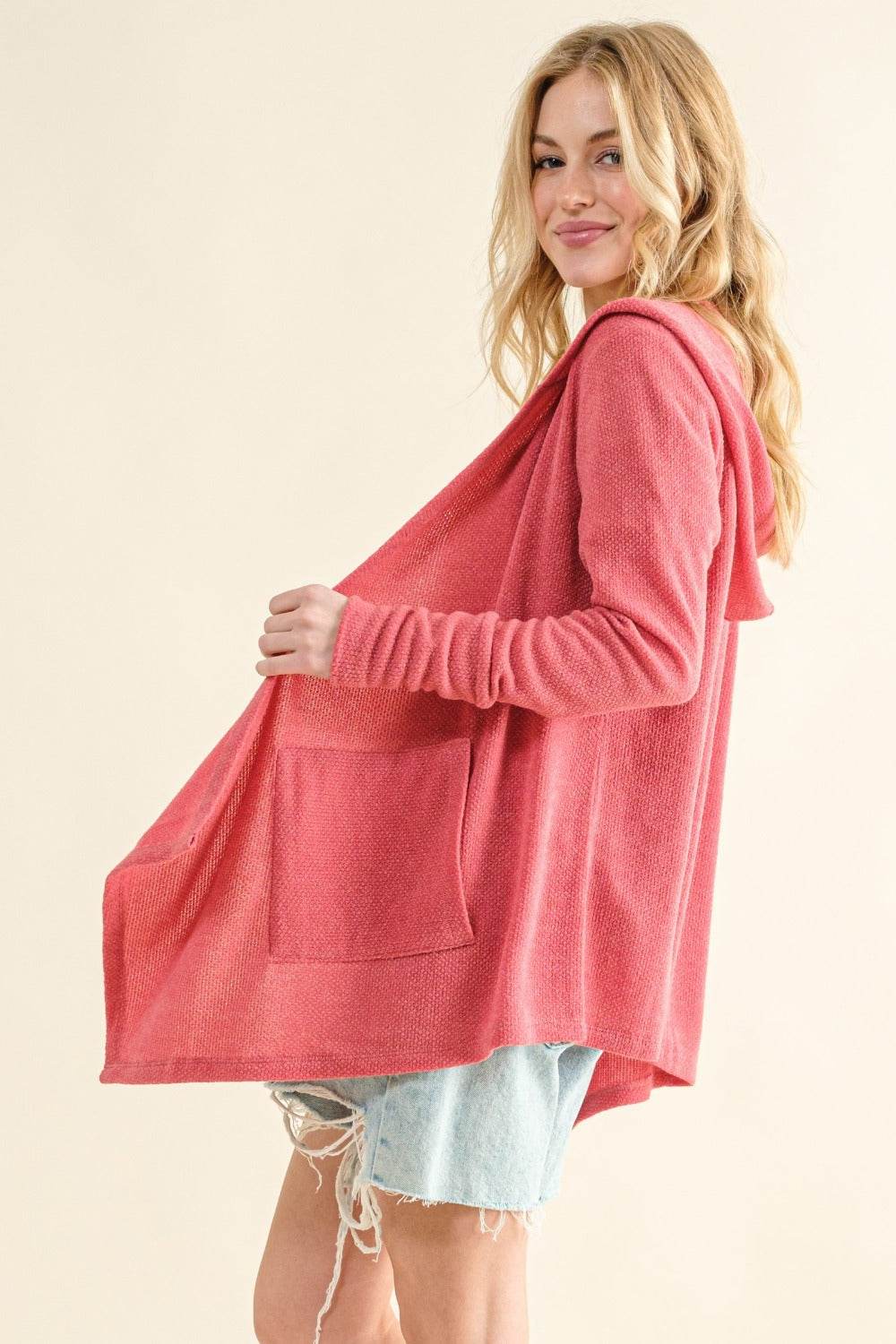 And The Why Full Size Thermal Hooded Open Front Cardigan with Pockets - Delanoir