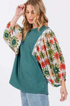 SAGE + FIG Full Size Printed Balloon Sleeve Contrast Top - Delanoir