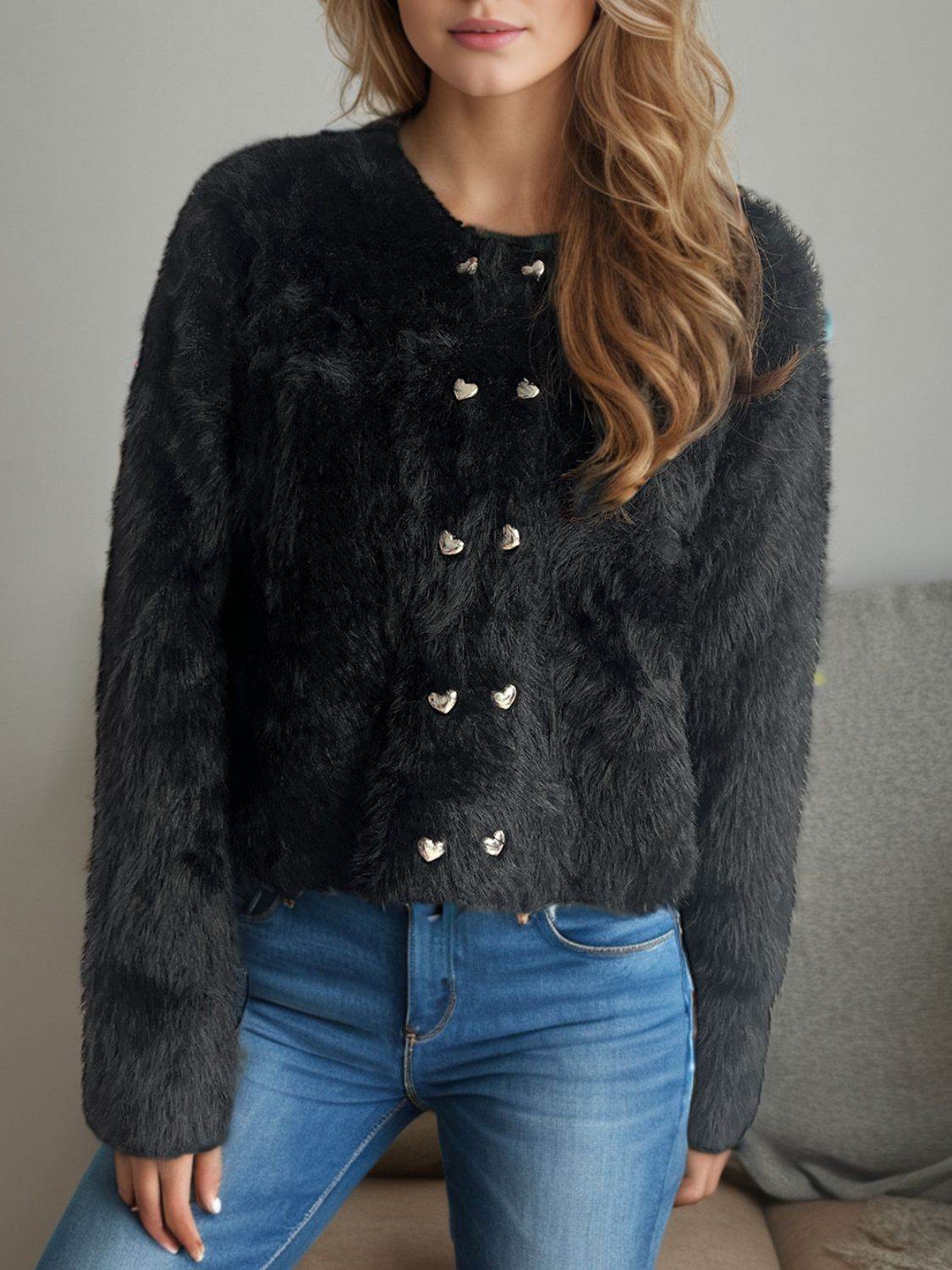 Heart Button Round Neck Cardigan - Delanoir