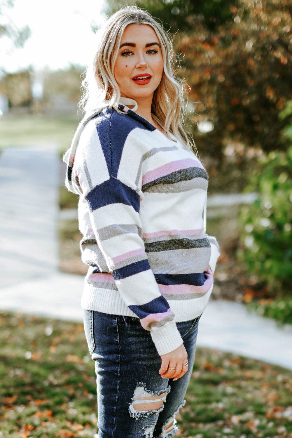 Plus Size Striped Long Sleeve Hooded Sweater - Delanoir