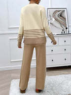 Devine Slit Striped Round Neck Top and Pants Sweater Set - Delanoir