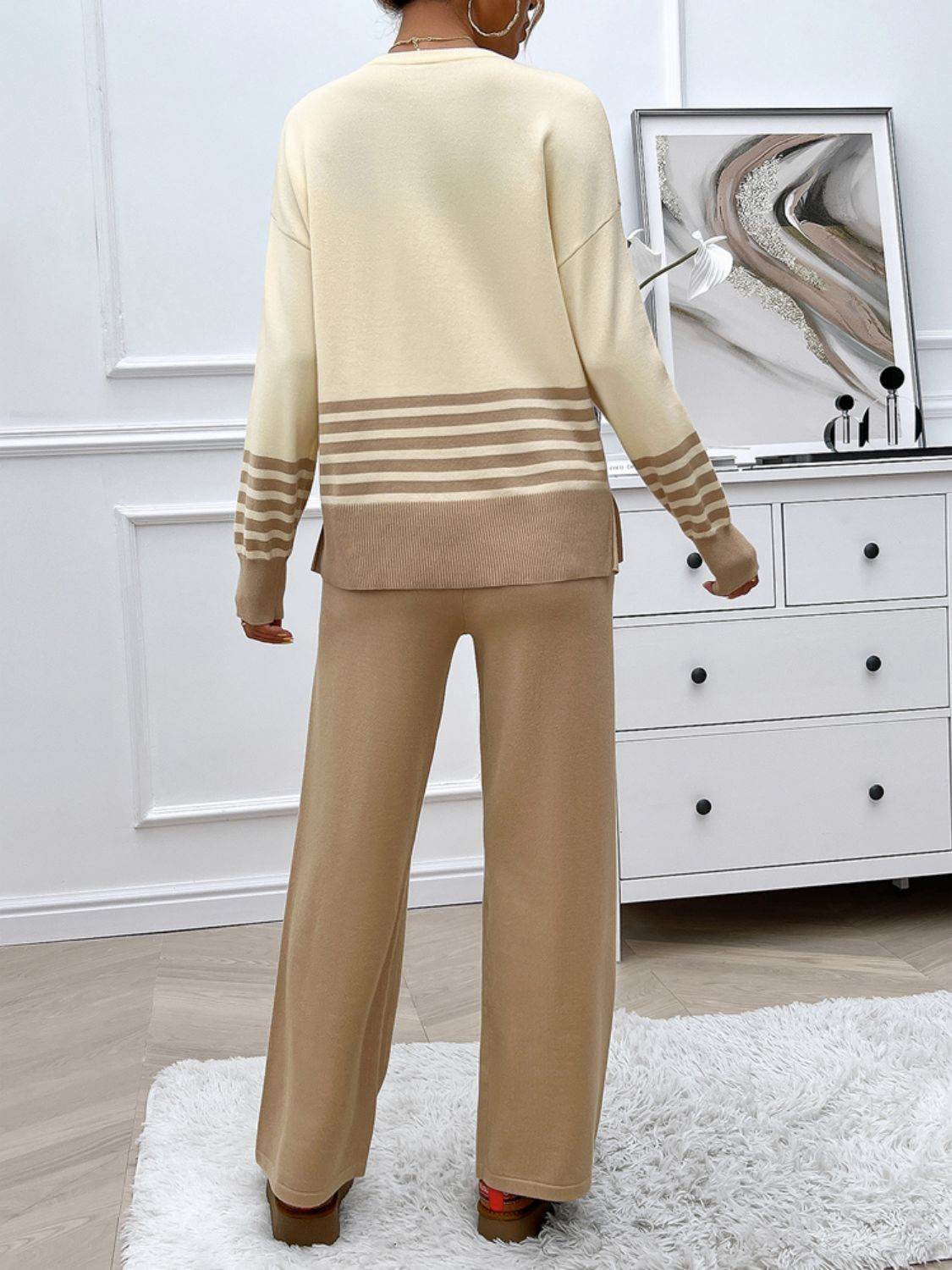 Devine Slit Striped Round Neck Top and Pants Sweater Set - Delanoir