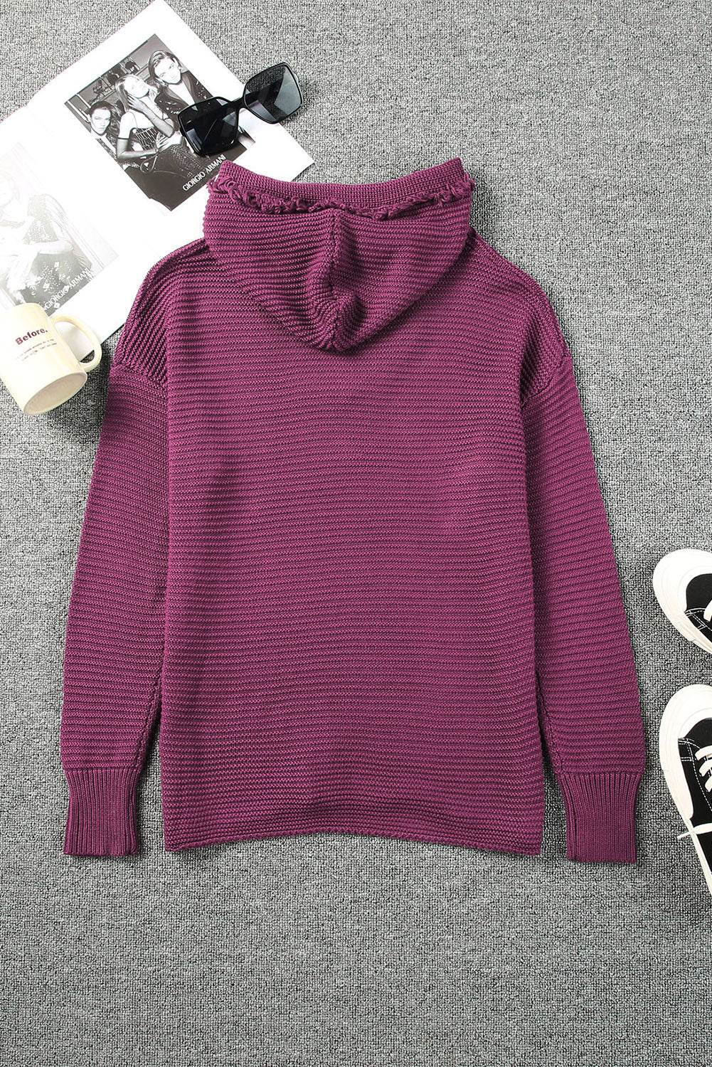 Woven Right Horizontal Ribbing Fringe Trim Hooded Sweater - Delanoir