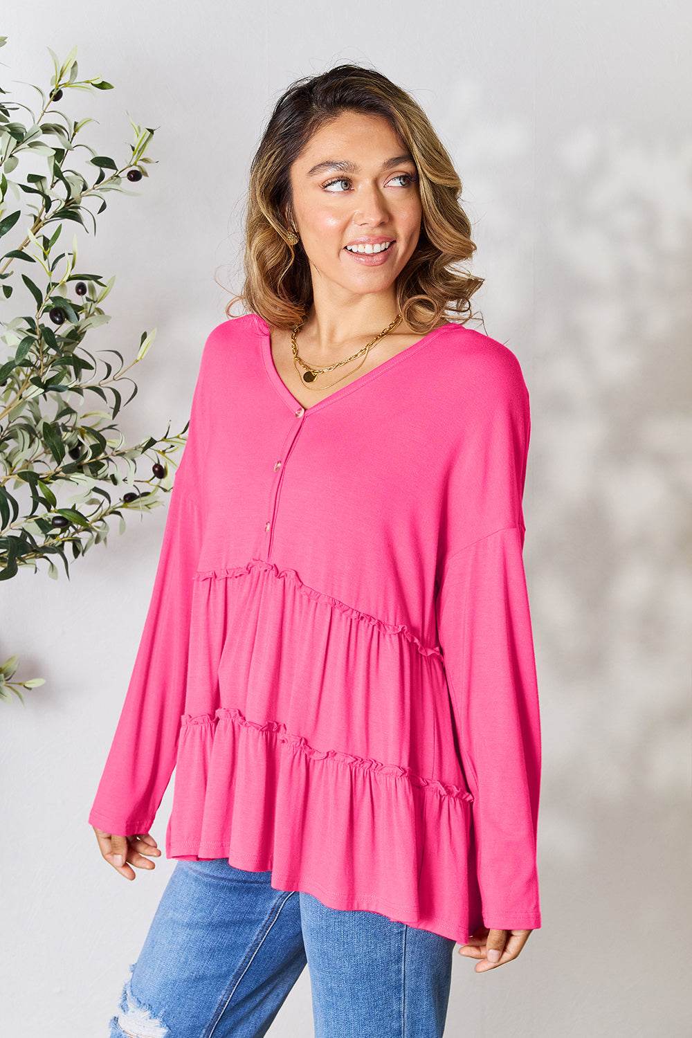 Double Take Half Button Long Sleeve Ruffle Hem Blouse - Delanoir
