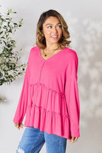 Double Take Half Button Long Sleeve Ruffle Hem Blouse - Delanoir