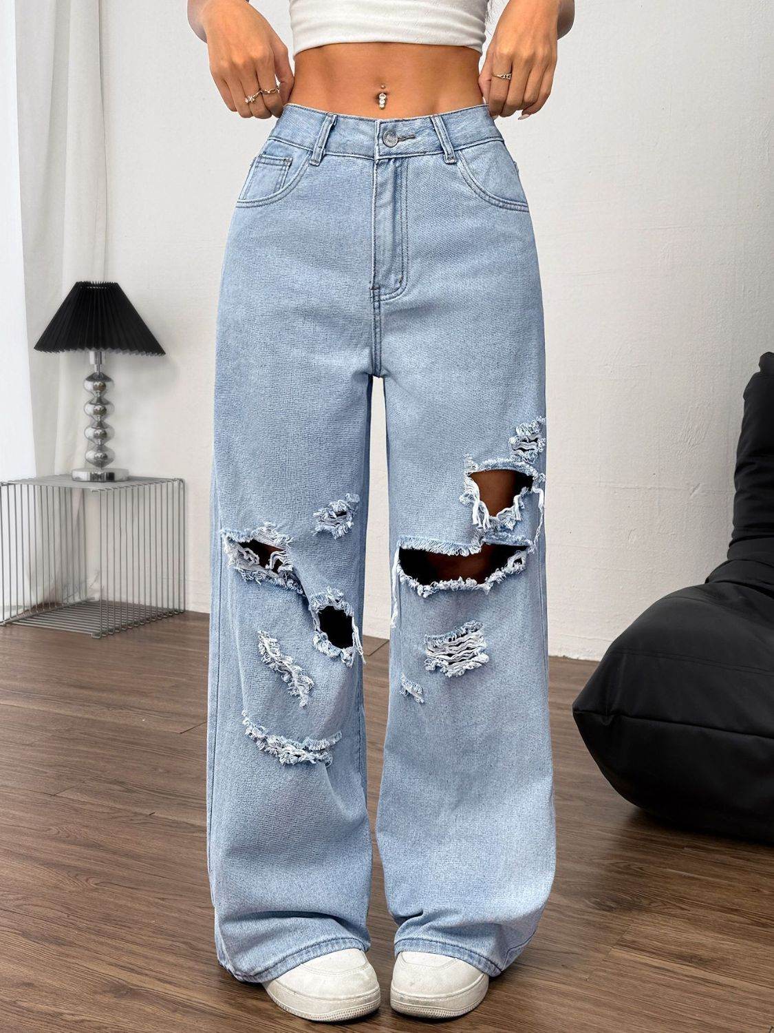 Distressed Wide Leg Jeans with Pockets - Delanoir