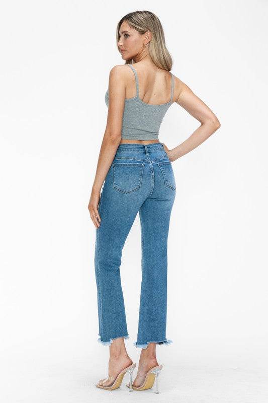 bytos Raw Hem Distressed Mid Rise Crop Jeans - Delanoir