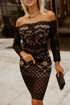 Off-Shoulder Long Sleeve Lace Dress - Delanoir