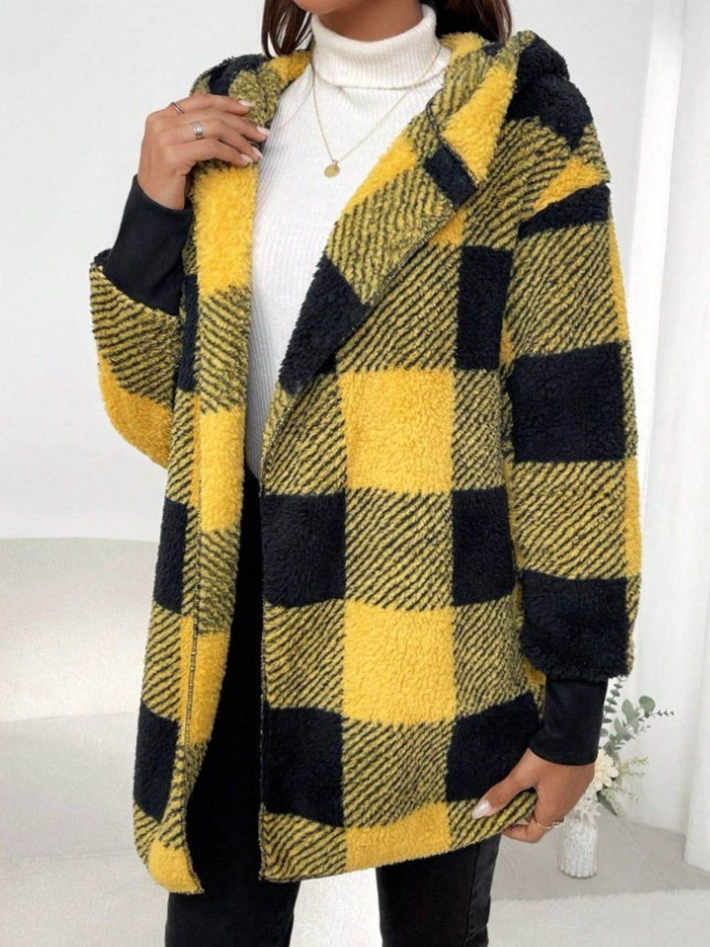Plaid Long Sleeve Hooded Coat - Delanoir