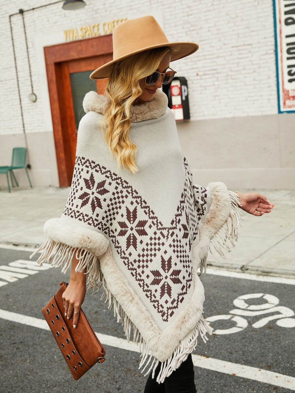Fringe Geometric Cape Sleeve Poncho - Delanoir