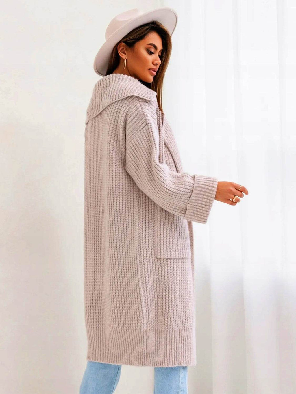 Pocketed Collared Neck Dropped Shoulder Cardigan - Delanoir