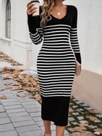 Devine Striped V-Neck Long Sleeve Sweater Dress - Delanoir
