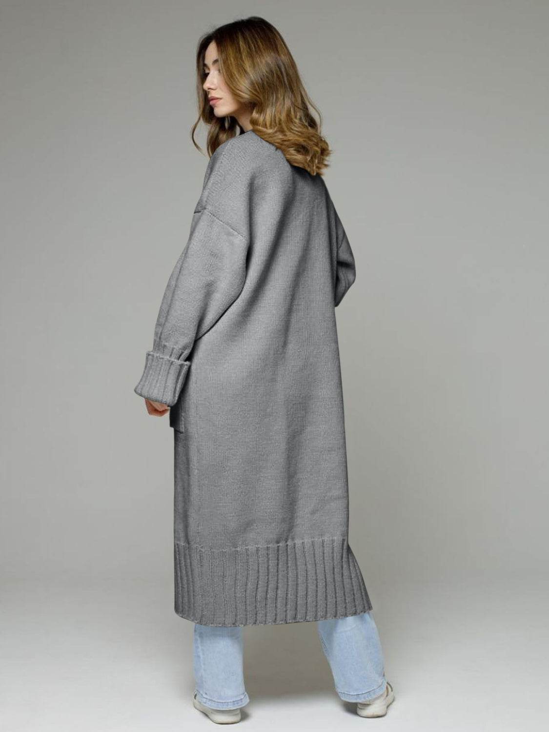 Pocketed Open Front Dropped Shoulder Cardigan - Delanoir