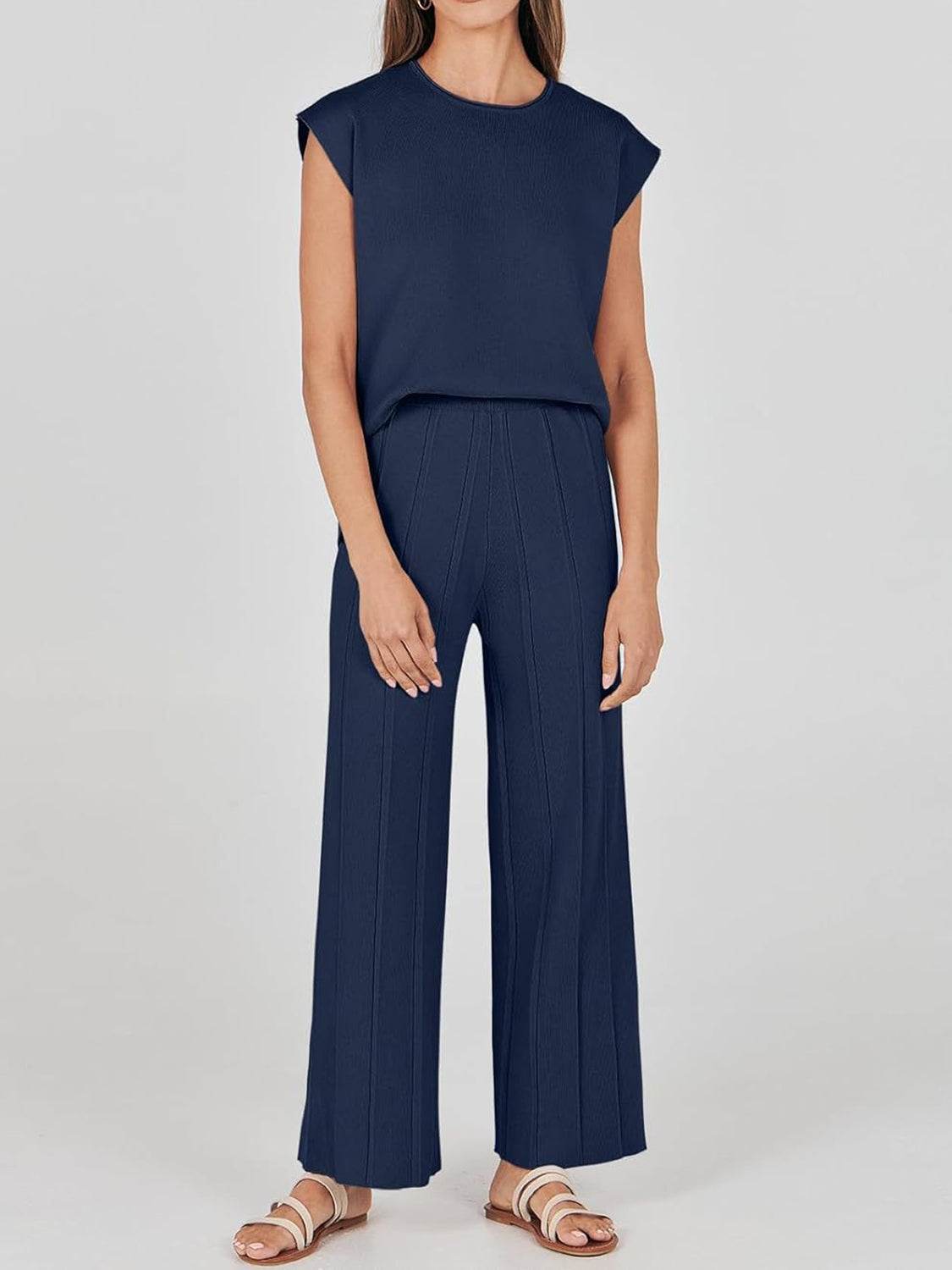 Round Neck Cap Sleeve Top and Pants Knit Set - Delanoir
