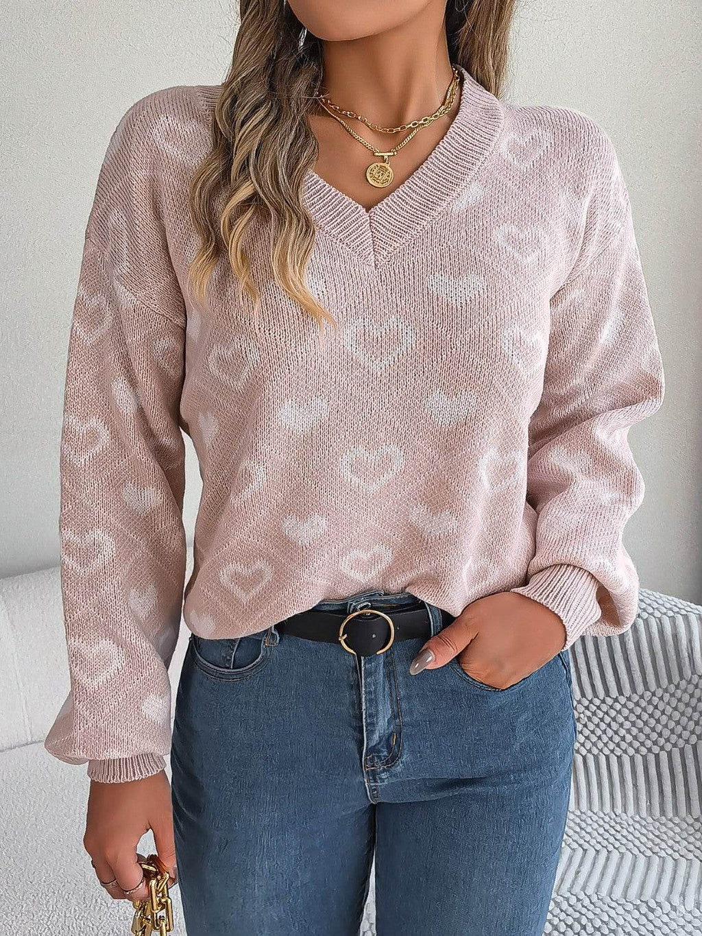 Heart Pattern V-Neck Long Sleeve Sweater - Delanoir