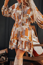 Printed Collared Neck Three-Quarter Sleeve Mini Shirt Dress - Delanoir